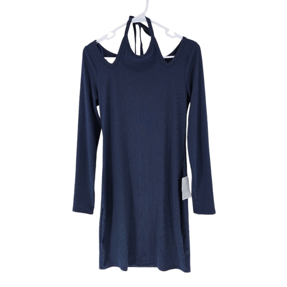 Dual Nature Women's Halter Neck Cut-Out Shoulder Ribbed Long Sleeve Mini Dress